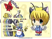 Dress Up Bee free online fashion game showing the cute character Bee wearing a colorful dress and accessories against a bright background.