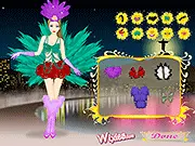 Screenshot of Carnival in Rio game showing a model in a vibrant, elaborate costume with feathers and a face mask, ready for the Brazilian parade
