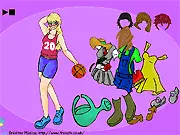 Doll ready to change clothes with many outfits, shoes, and accessories laid out for styling in the free online game