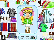 Winter Dress-Up free online game screenshot, showing a character wearing a stylish coat and warm accessories in a snowy background.