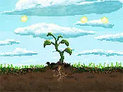 Screenshot of From Sprout to Splendor free online game showing a small plant growing while collecting falling sunlight rays and defending itself from a caterpillar.