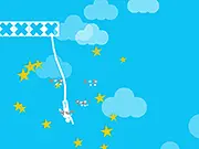 Screenshot of the Epic Bungee game showing a character diving from a high platform toward glowing stars, attached to a long bungee cord.
