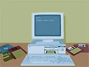 Free Afternoon online game screenshot featuring retro 80s and 90s technology items like a floppy disc, a dial phone, and a cassette tape player.