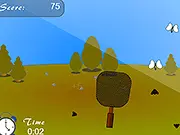 Screenshot from the Fly Smash Arcade game showing a virtual weapon about to smash a group of flying insects against a colorful background.