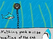 Joy is a Shark 2D arcade online game screenshot showing a shark swimming while avoiding dangerous black water bombs.