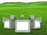 A minimalist puzzle design featuring a classic computer monitor in a field, representing the core concept of the free online game Fields of Logic.
