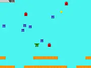 Gameplay screenshot of Platform Pong showing two paddles, a bouncing ball, and small enemy monsters moving across the screen