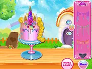 Screenshot of Unicorn Cake Cooking game showing a beautiful unicorn cake decorated with rainbow icing, free online baking and decorating game