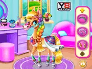 Screenshot of Rainbow Pony Beauty Salon game showing the baby pony getting its hair styled, free online animal care and dress up game