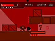 Alias 2: Robot War free online game image showing a small soldier character shooting at a large, menacing robot enemy on a battlefield