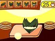 Screenshot of the Rice Dumpling Maker free online game, showing the hands of a cook folding a bamboo leaf and adding sticky rice and filling to assemble a traditional Zongzi or rice dumpling.