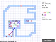 Screenshot of Gate Guardian TD game showing towers placed along a maze path defending against enemy waves, free online tower defense strategy game