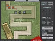 Cyberoids: Alpha Defense game screenshot, showing sci-fi defense turrets on a small planet firing at invading alien Cyberoid units in this free online tower defense game.