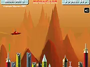 Mars Mission spaceship shooting buildings on the Martian surface, retro-style arcade shooter online game on PlayArcadeHub