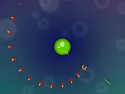 Bullet Chaos free online game screenshot showing a small green character surrounded by many enemies and numerous incoming bullets in a chaotic shooter