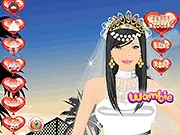 A screenshot of the Sunset Wedding Dress Up game showing a bride-to-be trying on a luxurious wedding dress with various veils, bouquets, and accessories available.