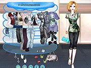 Fairy Print Fashion free online dress-up game showing a model wearing a dress covered in whimsical fairy and nature-inspired prints.