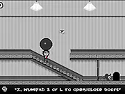 Eraticator free online physics platformer showing the character preparing to jump on a rat in a hazardous, run-down house level.