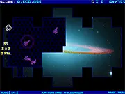 Neon spaceship battling swarms of trans-dimensional arthropods in the high-score twin-stick shooter game Reclamation Online