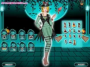 Cute Halloween Dressup game showing a girl in a stylish, colorful Halloween costume with festive accessories