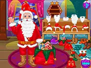 Santa Christmas Tailor gameplay image showing a young character sewing Santa Claus's red suit on a sewing machine