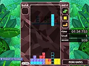 Gameplay screenshot of Tetris Jungle showing colorful falling blocks (tetrominoes) in a green jungle-themed well, ready to clear multiple lines for a high score.