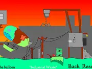 Screenshot from the Industrial Waste puzzle game showing a complex industrial environment with pipes, switches, and a balloon waiting to be freed.