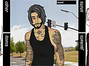 The character Trevor is wearing a funny costume with various customizable clothing items in the free online game Dress Up Trevor.