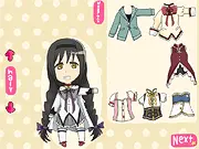 Screenshot of the Puella Magi Dress Up game showing a fully customized magical girl character with various clothing layers and expression options.