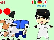 Hetalia Axis Powers Dress Up game screenshot showing chibi anime characters in historical military uniforms and funny outfits. Play free online customization game.