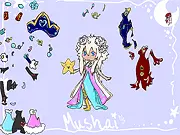 Screenshot of Mushai Dress Up game showing a cute anime-style girl and a large wardrobe selection of clothing, skirts, and accessories.