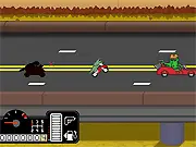 Gameplay image of the action game Dino Road, showing a vehicle fighting retro enemies like bikers and laser bulls on PlayArcadeHub.