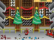 Santa Caught Xmas free online game screenshot showing Santa Claus collecting falling presents near his sleigh on a snowy, festive background.