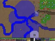 The liquid 'Creeper' blue mass attacking a base in the online real-time strategy game Creeper World: User Space