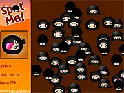 Screenshot of Spot Me free online game showing multiple cartoon characters with one highlighted as the target to be clicked quickly.