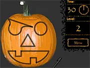 A close-up view of a jack-o'-lantern being carved along a set of lines in the timed Pumpkin Carving free online game