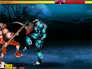 Werewars Fight game screenshot showing a battle between a human warrior and a wolfman character in a free online fighting game.