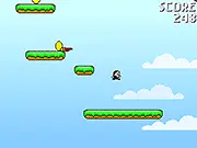 Super Gio World free online game screenshot showing the Italian waiter character Gio jumping on platforms while avoiding cartoon meerkat enemies