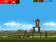 Gameplay screenshot of the free online game Medieval Siege, showing a large trebuchet launching a rock toward an enemy stone castle wall.