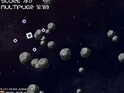 Gameplay screenshot of the free online game Asteroidase, showing a mining robot deploying drones onto a large space asteroid in a dark, star-filled environment.