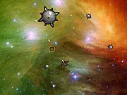 Gameplay screenshot of the free online arcade game Astarroids, showing a small triangular spaceship firing a shot at large, geometric asteroids in a dark space field.