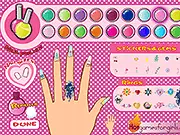 A close-up view screenshot of the Fashionable Nail Art game showing five fingers with brightly colored nail polish and various gems and stickers applied to the nails.