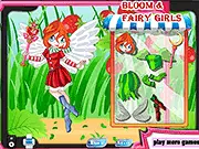 Screenshot of the Winx Club: Bloom & Fairy Friends dress-up game showing Bloom and her fairy friends (Stella, Flora, Musa, Tecna, and Aisha) in various colorful outfits.