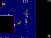 Gameplay screenshot of the free online arcade game Space Disposal, showing a small disposal missile navigating a maze of lasers and security drones.