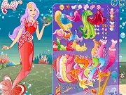 Gameplay screenshot of the Aquatic Beauty Dressup game showing a girl model in a spectacular, colorful mermaid outfit and a selection of tails and accessories.