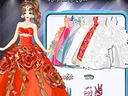 Beautiful embroidered princess wedding gown hanging in a dressing room in the Embroidered Princess Gowns online game