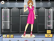 Fashion model wearing a vibrant hot pink dress and accessories in the Color Story Pink Dressup online game