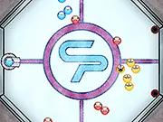 Cluster Pucks free online game screenshot showing a collection of colored pucks on an ice arena with a shooter turret ready to fire