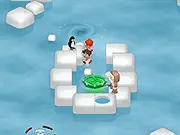 BlastWave: Lost at Sea free online game screenshot showing a hand over the sea creating a blast wave to guide tiny shipwreck survivors on an isometric level.