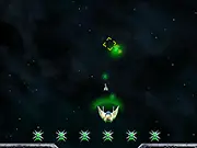 Bomb Defender game screen showing a small futuristic spaceship protecting six large bombs from an infinite wave of enemy ships in deep space
